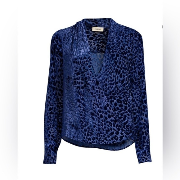 L'AGENCE Tops - L'Agence Lydia Navy Drape Leopard Velvet Burnout Wrap Blouse Women’s Size XS/T﻿﻿